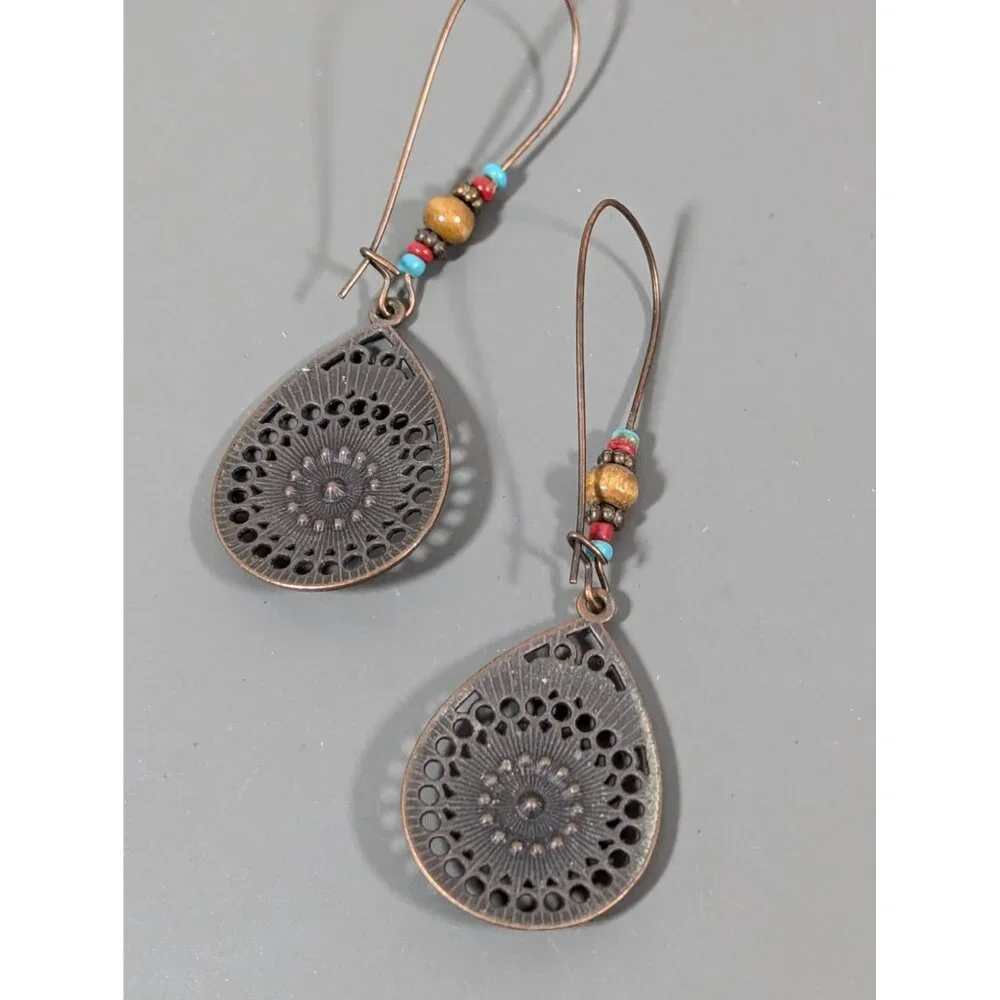 Boho Western Medallion Blue Brown Rhinestone Drop Long Earrings - Picture 6 of 6